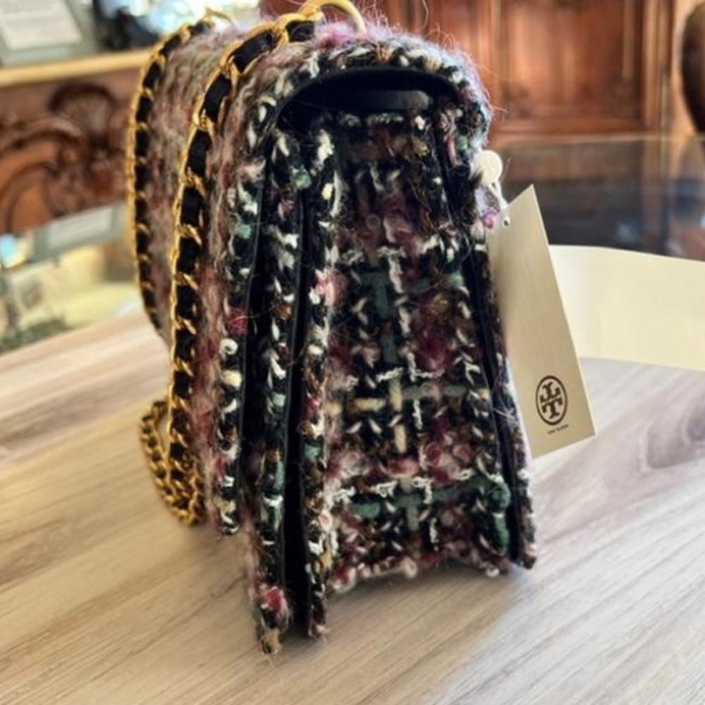Tory Burch Chain Britten Medium Adjustable Multi Black Tweed Shoulder Bag - Picture 2 of 5